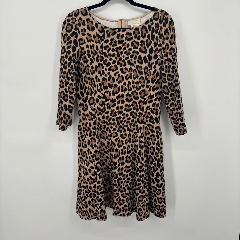 Kate Spade Leopard-print Ponte Dress Fit & Flare 3/4 Sleeves Brown Size 10